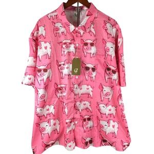 Hardaddy Mens 3XL Pink Pig Sunglasses Heart Print Short Sleeve Novelty Shirt